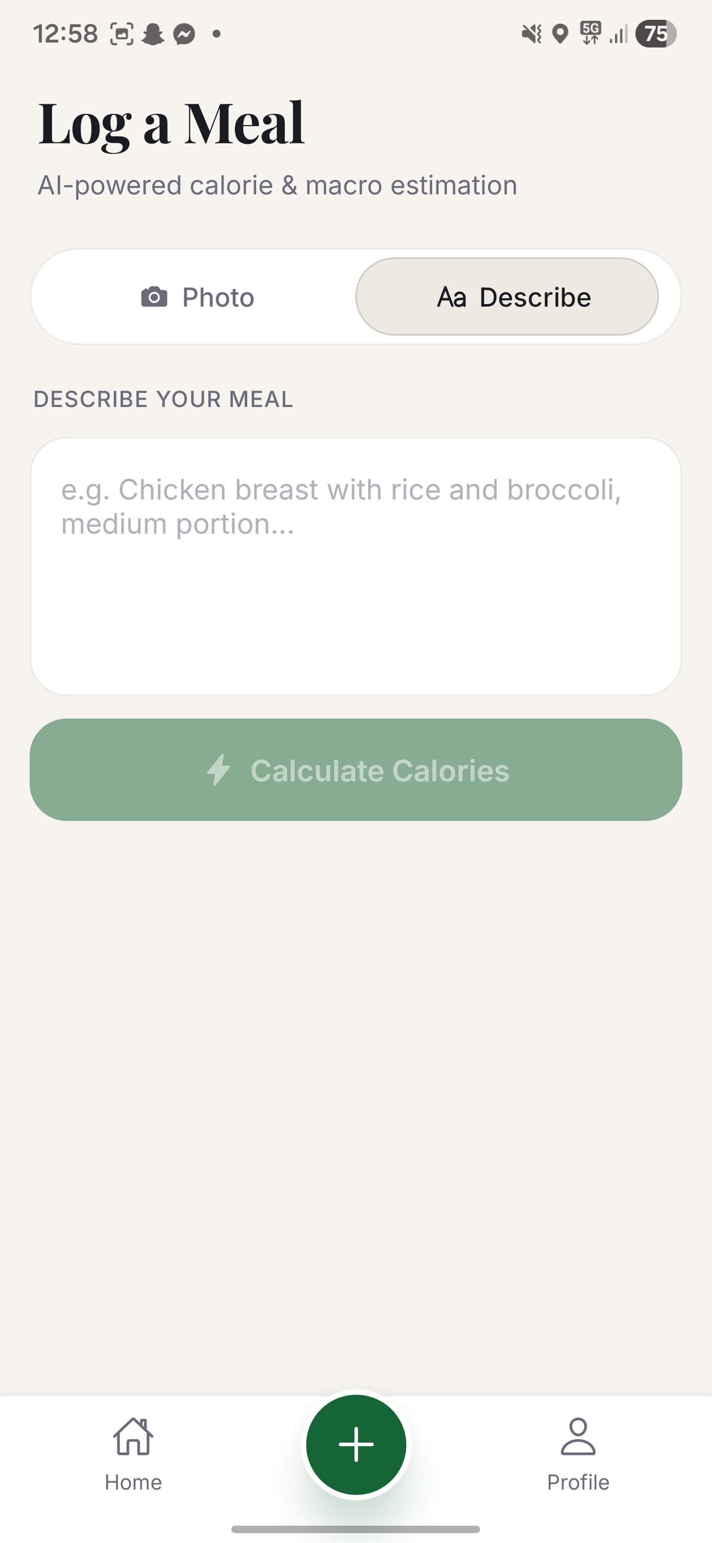 Calomac add-meal screen in text mode with a typed description of a meal — an alternative to the camera when typing is faster than taking a photo