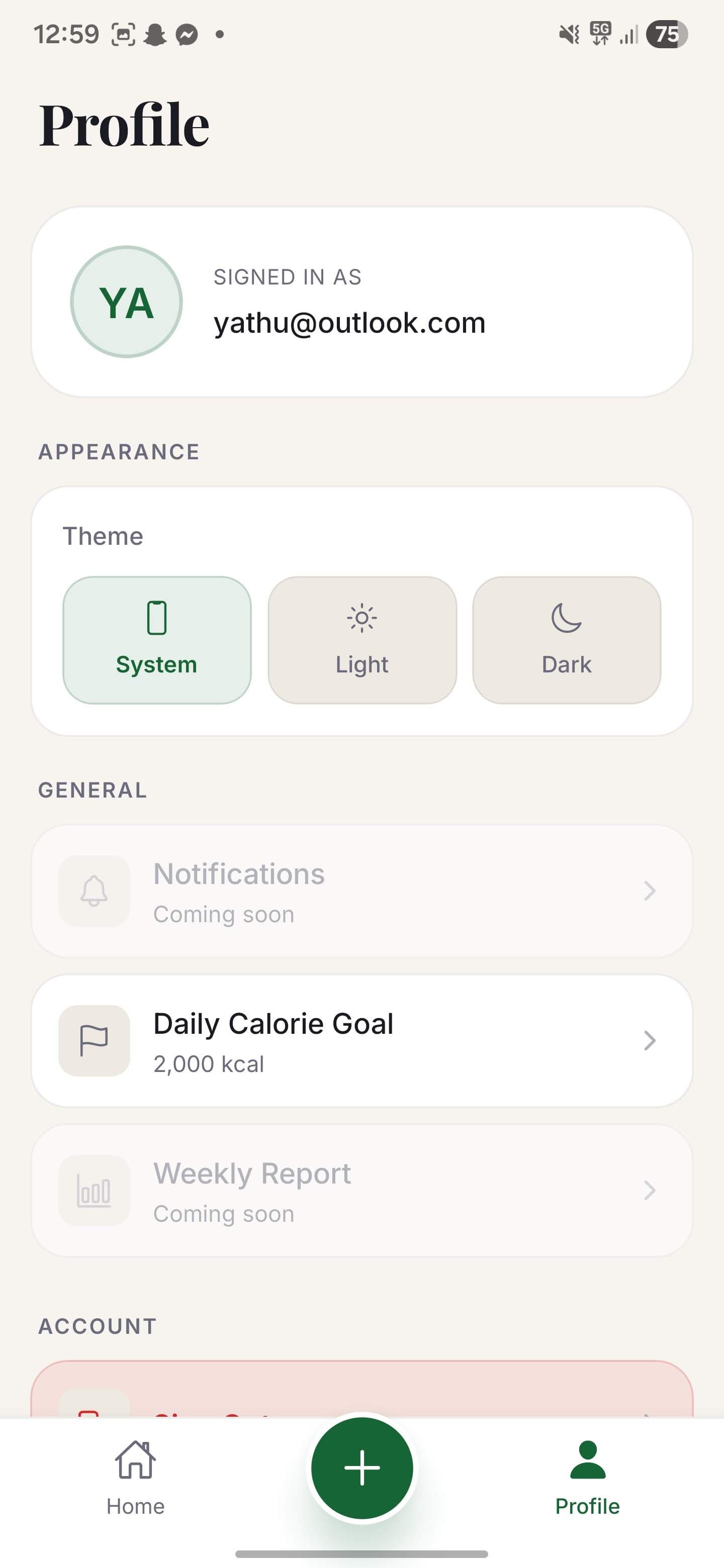 Calomac settings screen with the daily calorie goal field — set your target once and the dashboard tracks progress toward it throughout the day